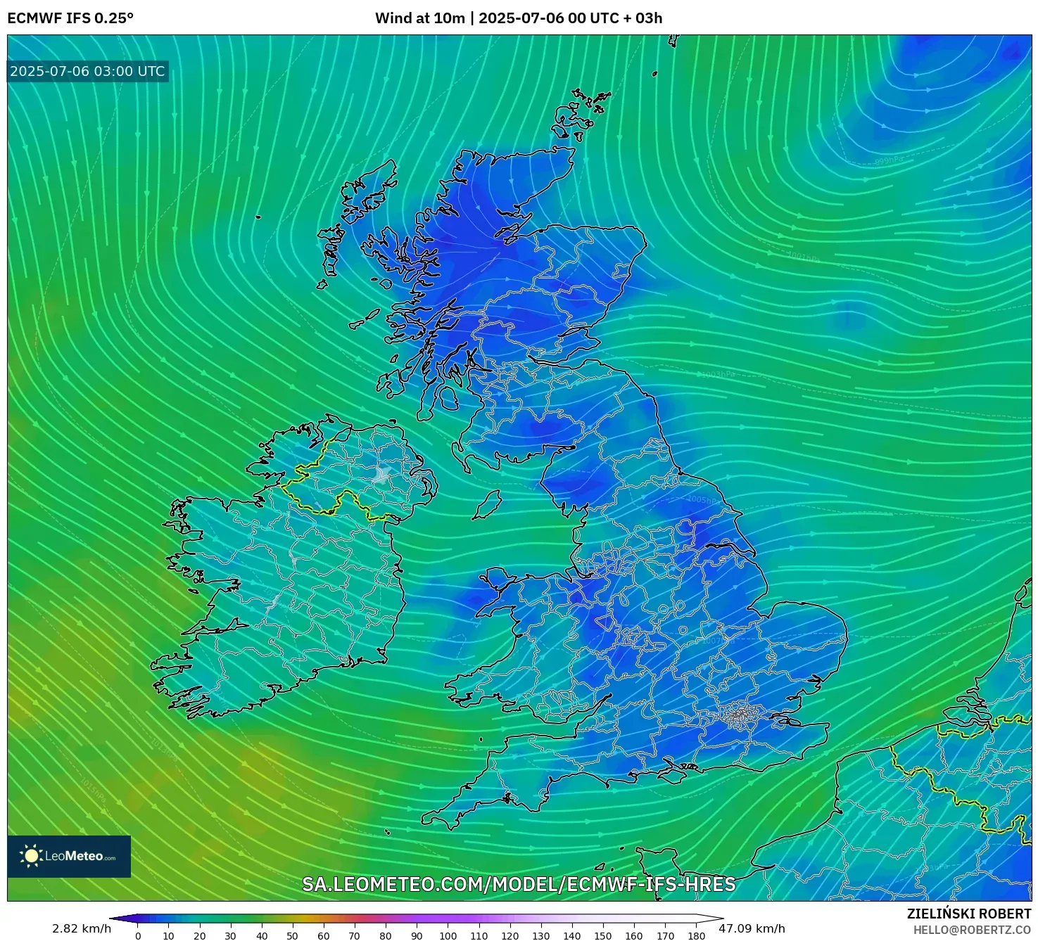 ECMWF IFS 0.25° model - United Kingdom, Wind at 10m ECMWF IFS 0.25° model - United Kingdom, Wind at 10m