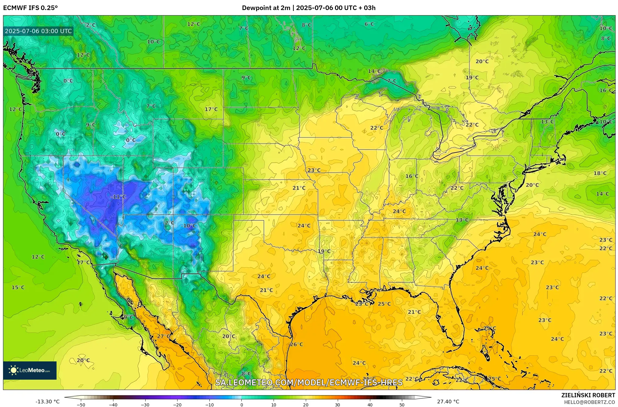 ECMWF IFS 0.25° model - United States, Dewpoint at 2m ECMWF IFS 0.25° model - United States, Dewpoint at 2m