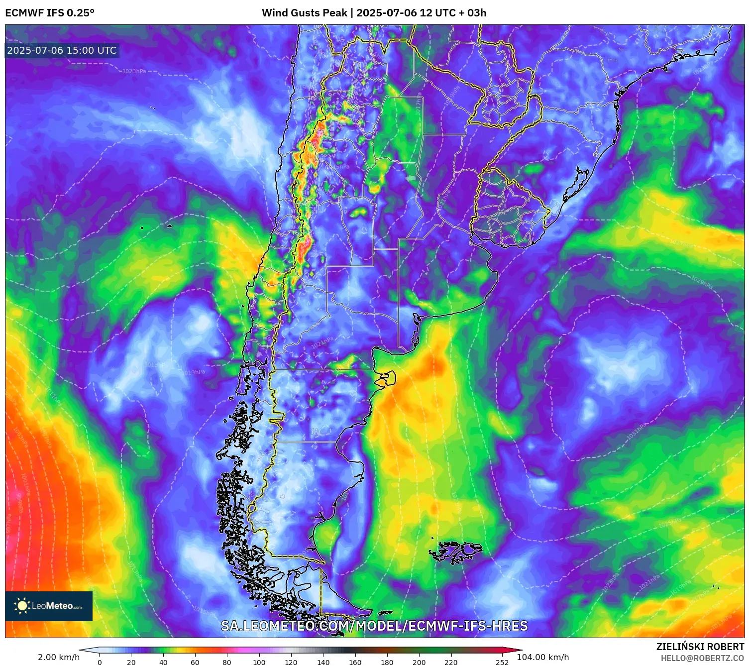 ECMWF IFS 0.25° model - Argentina, Wind Gusts Peak ECMWF IFS 0.25° model - Argentina, Wind Gusts Peak