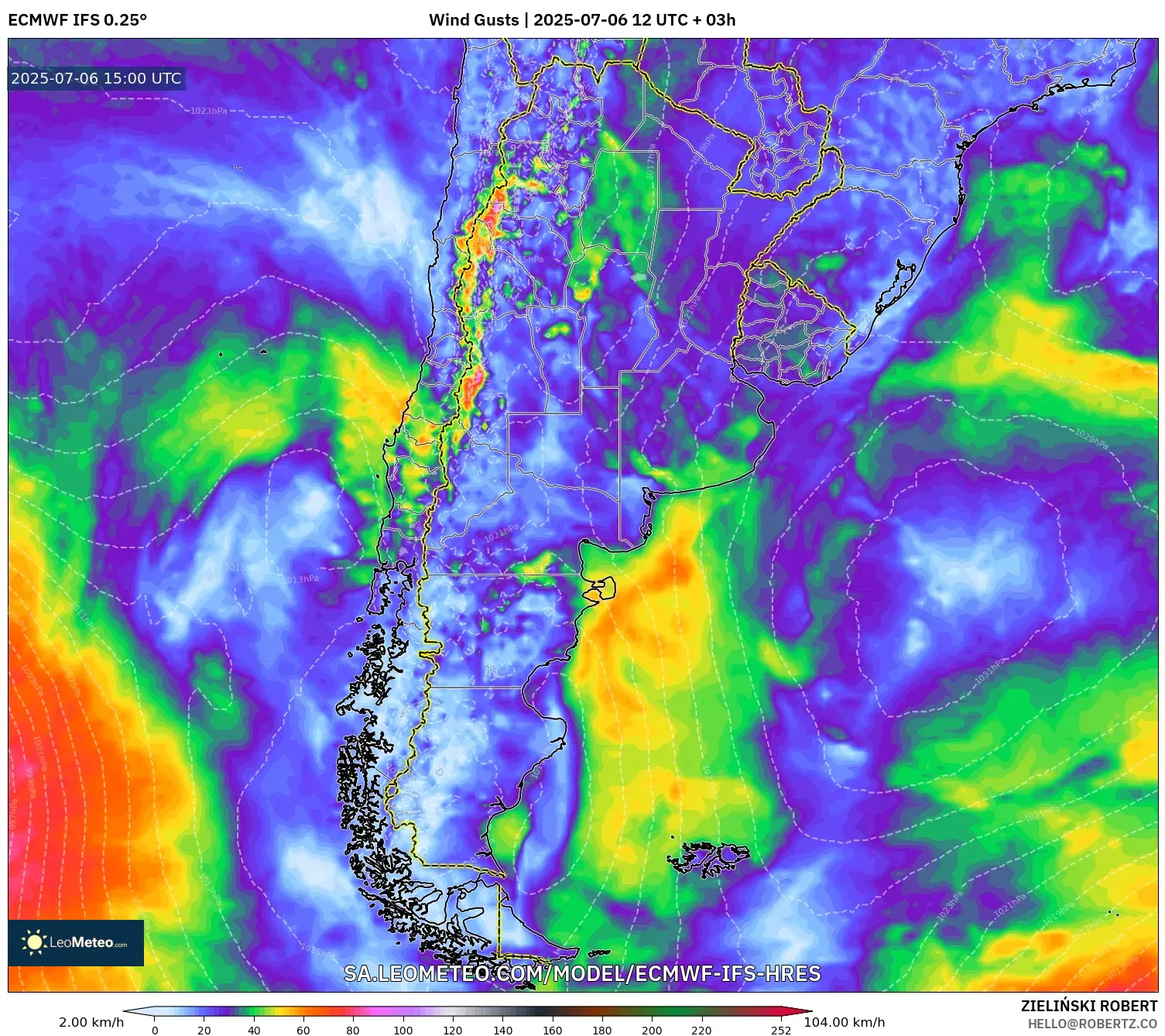 ECMWF IFS 0.25° model - Argentina, Wind Gusts ECMWF IFS 0.25° model - Argentina, Wind Gusts