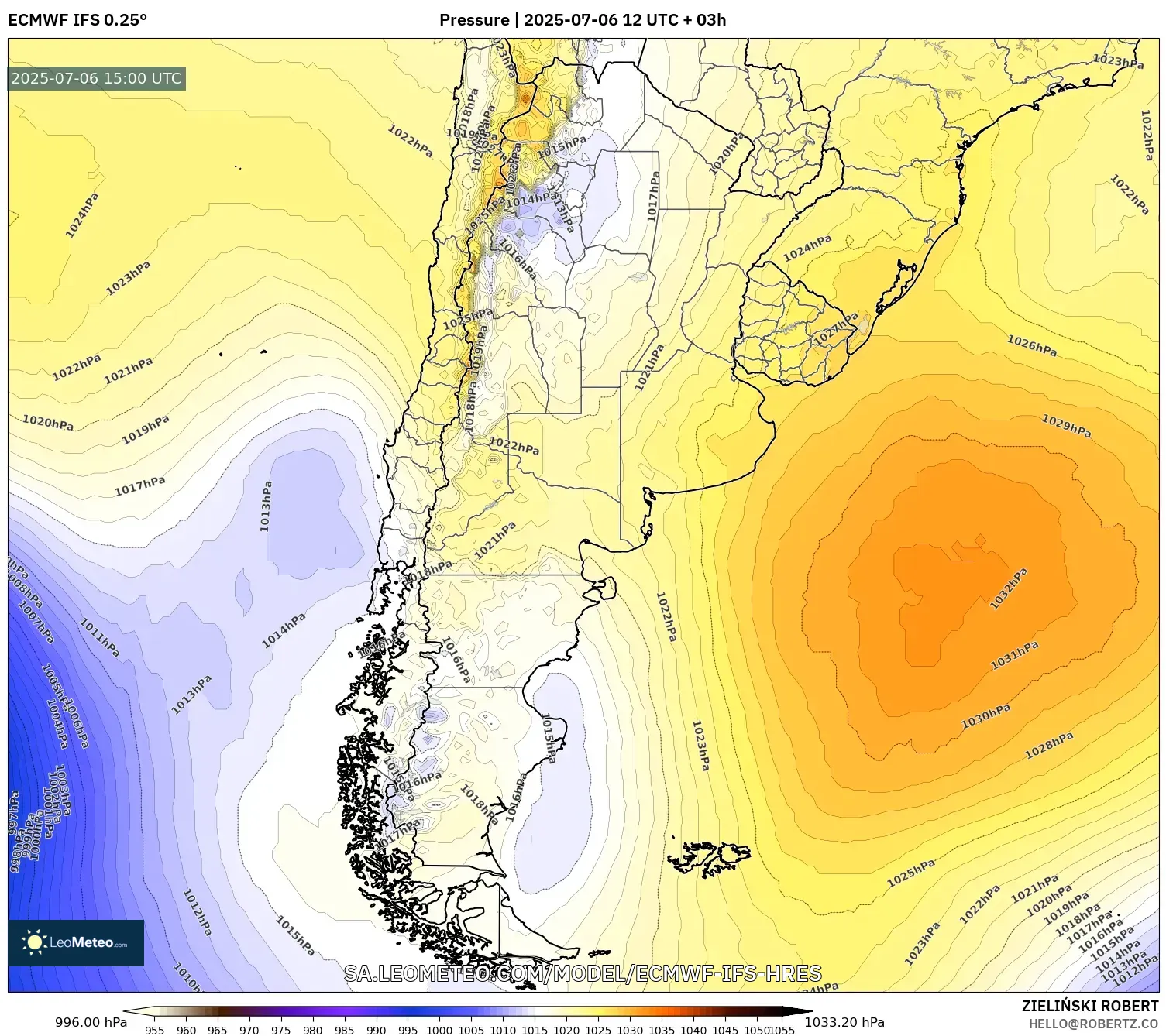 ECMWF IFS 0.25° model - Argentina, Pressure ECMWF IFS 0.25° model - Argentina, Pressure