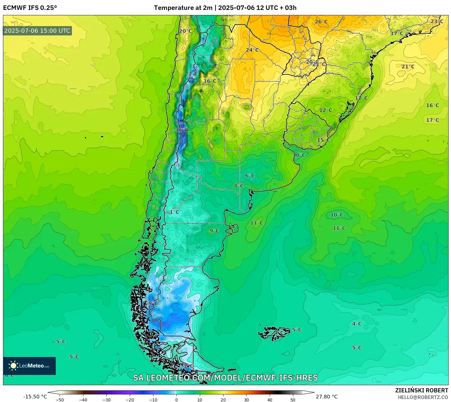 ECMWF IFS 0.25° model - Argentina, Temperature at 2m ECMWF IFS 0.25° model - Argentina, Temperature at 2m