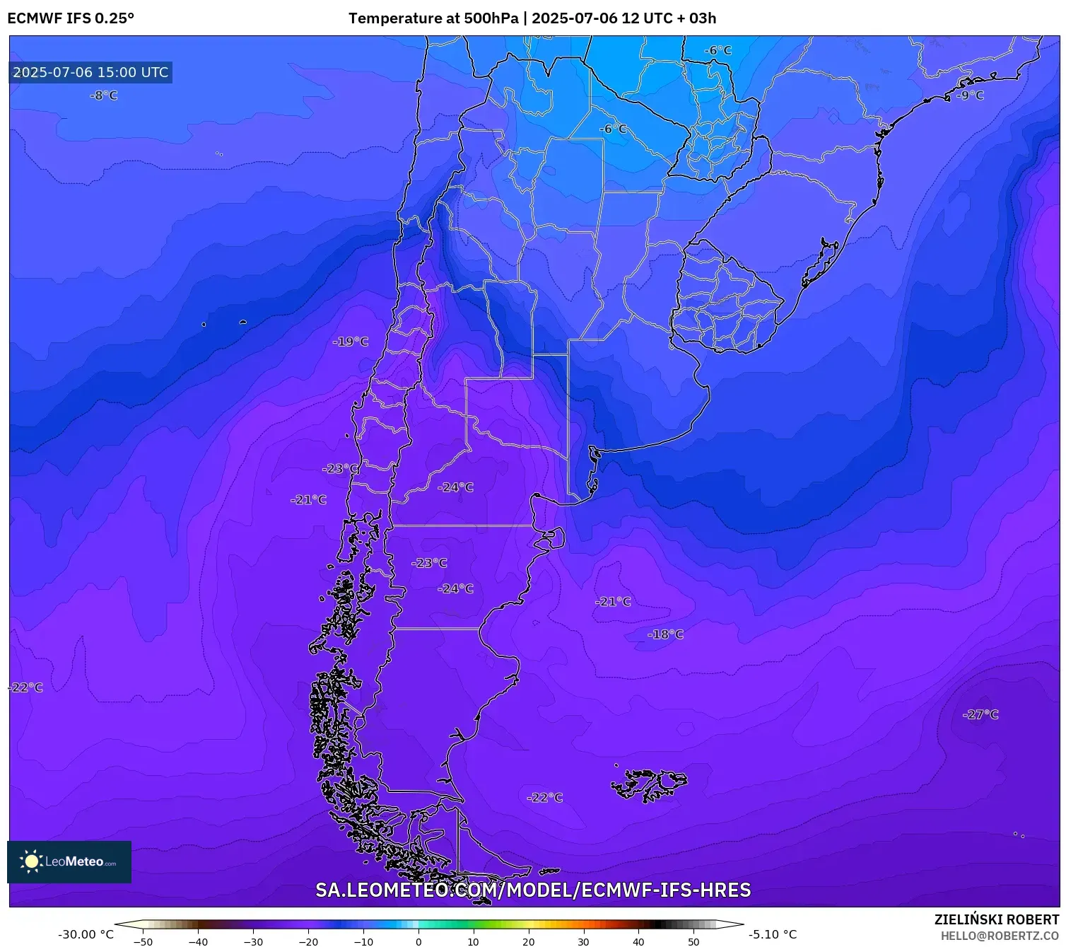 ECMWF IFS 0.25° model - Argentina, Temperature at 500hPa ECMWF IFS 0.25° model - Argentina, Temperature at 500hPa
