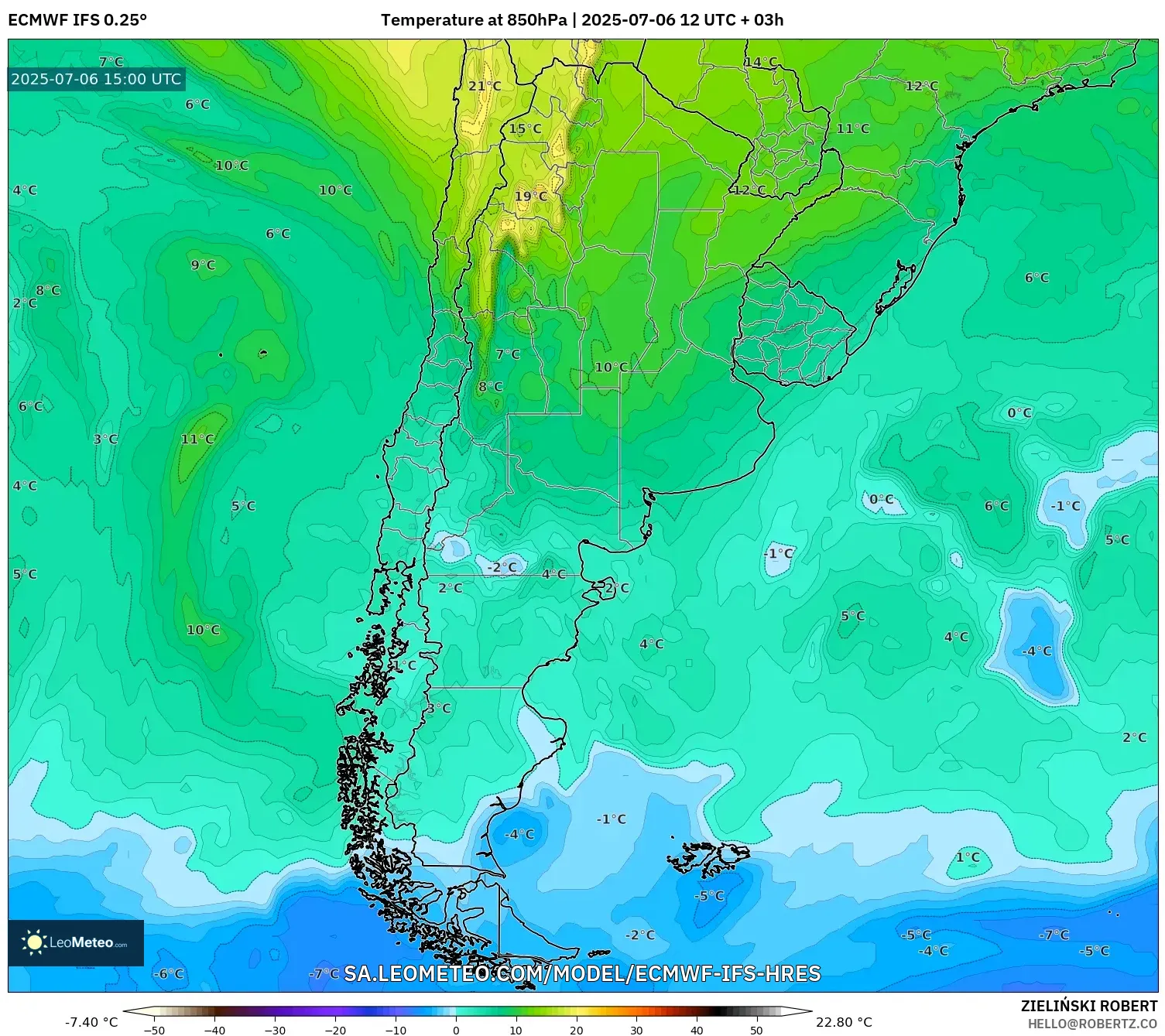 ECMWF IFS 0.25° model - Argentina, Temperature at 850hPa ECMWF IFS 0.25° model - Argentina, Temperature at 850hPa