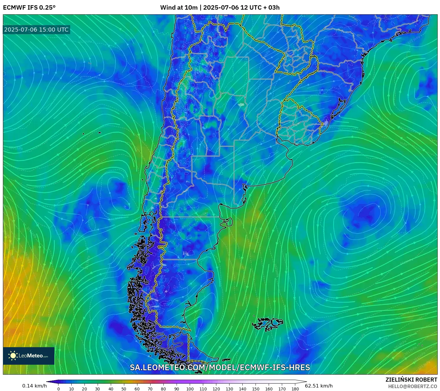ECMWF IFS 0.25° model - Argentina, Wind at 10m ECMWF IFS 0.25° model - Argentina, Wind at 10m