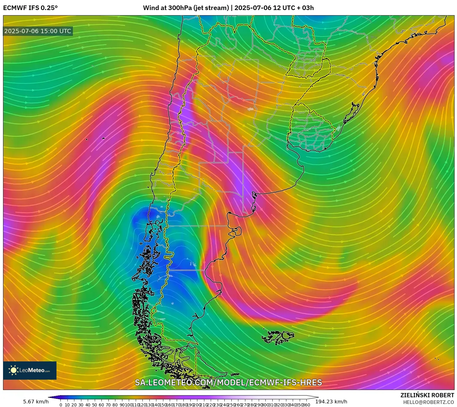 ECMWF IFS 0.25° model - Argentina, Wind at 300hPa (jet stream) ECMWF IFS 0.25° model - Argentina, Wind at 300hPa (jet stream)