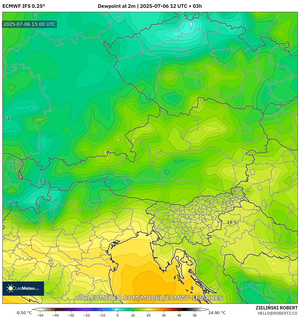 ECMWF IFS 0.25° model - Austria, Dewpoint at 2m ECMWF IFS 0.25° model - Austria, Dewpoint at 2m