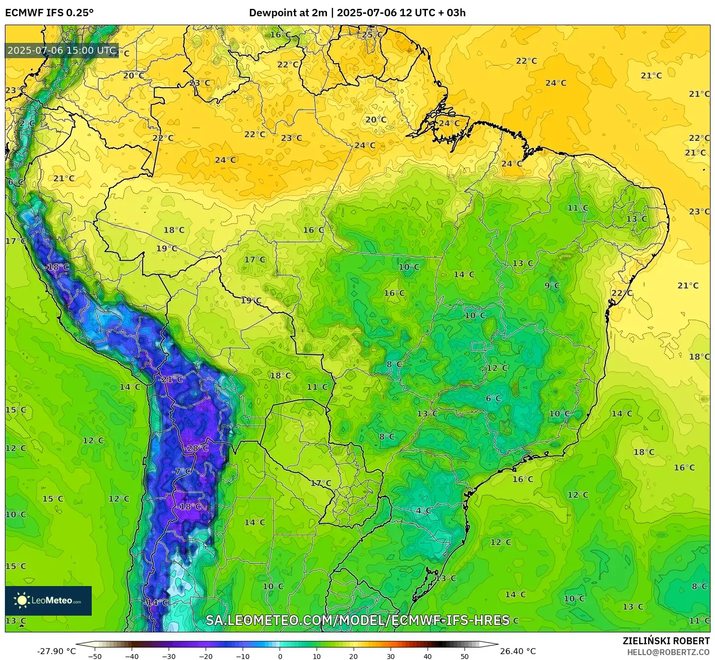 ECMWF IFS 0.25° model - Brazil, Dewpoint at 2m ECMWF IFS 0.25° model - Brazil, Dewpoint at 2m