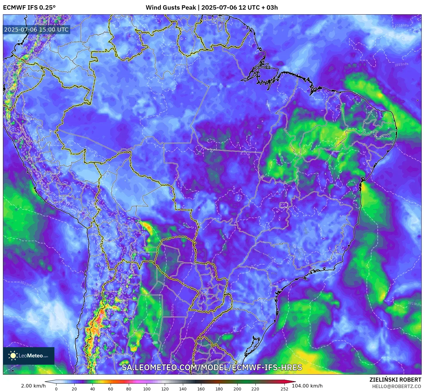 ECMWF IFS 0.25° model - Brazil, Wind Gusts Peak ECMWF IFS 0.25° model - Brazil, Wind Gusts Peak