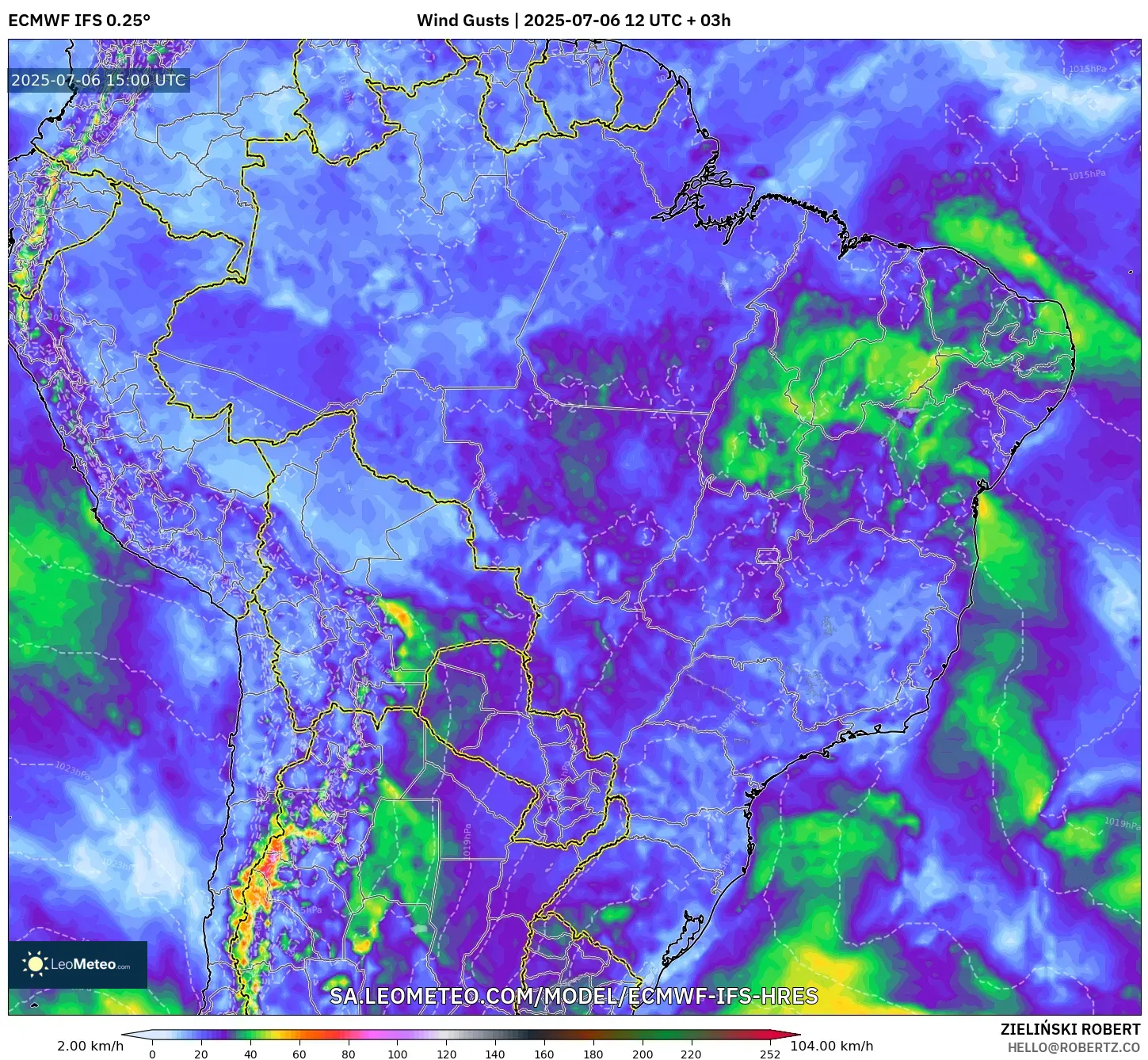 ECMWF IFS 0.25° model - Brazil, Wind Gusts ECMWF IFS 0.25° model - Brazil, Wind Gusts