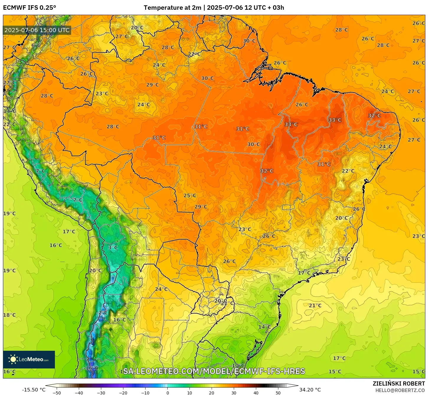 ECMWF IFS 0.25° model - Brazil, Temperature at 2m ECMWF IFS 0.25° model - Brazil, Temperature at 2m