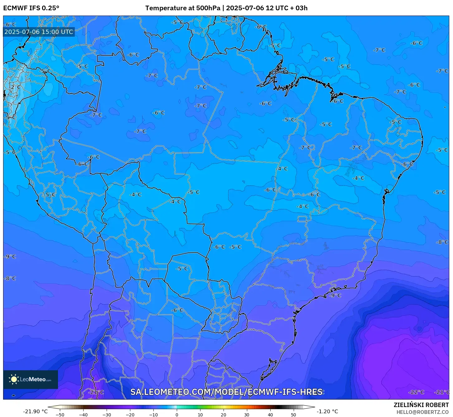 ECMWF IFS 0.25° model - Brazil, Temperature at 500hPa ECMWF IFS 0.25° model - Brazil, Temperature at 500hPa