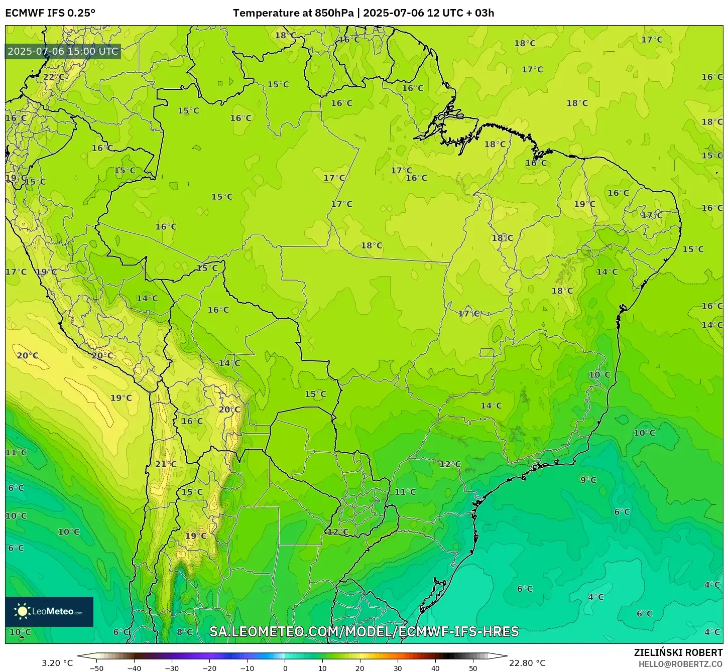 ECMWF IFS 0.25° model - Brazil, Temperature at 850hPa ECMWF IFS 0.25° model - Brazil, Temperature at 850hPa