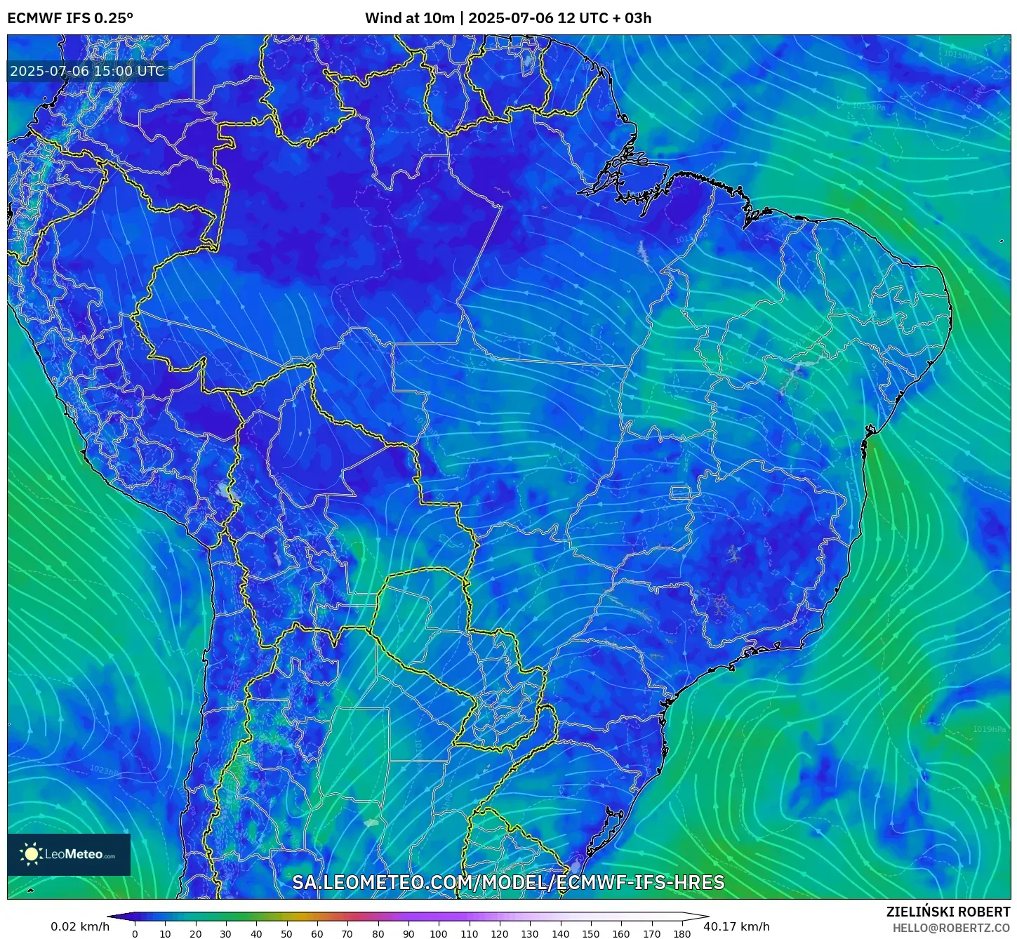 ECMWF IFS 0.25° model - Brazil, Wind at 10m ECMWF IFS 0.25° model - Brazil, Wind at 10m