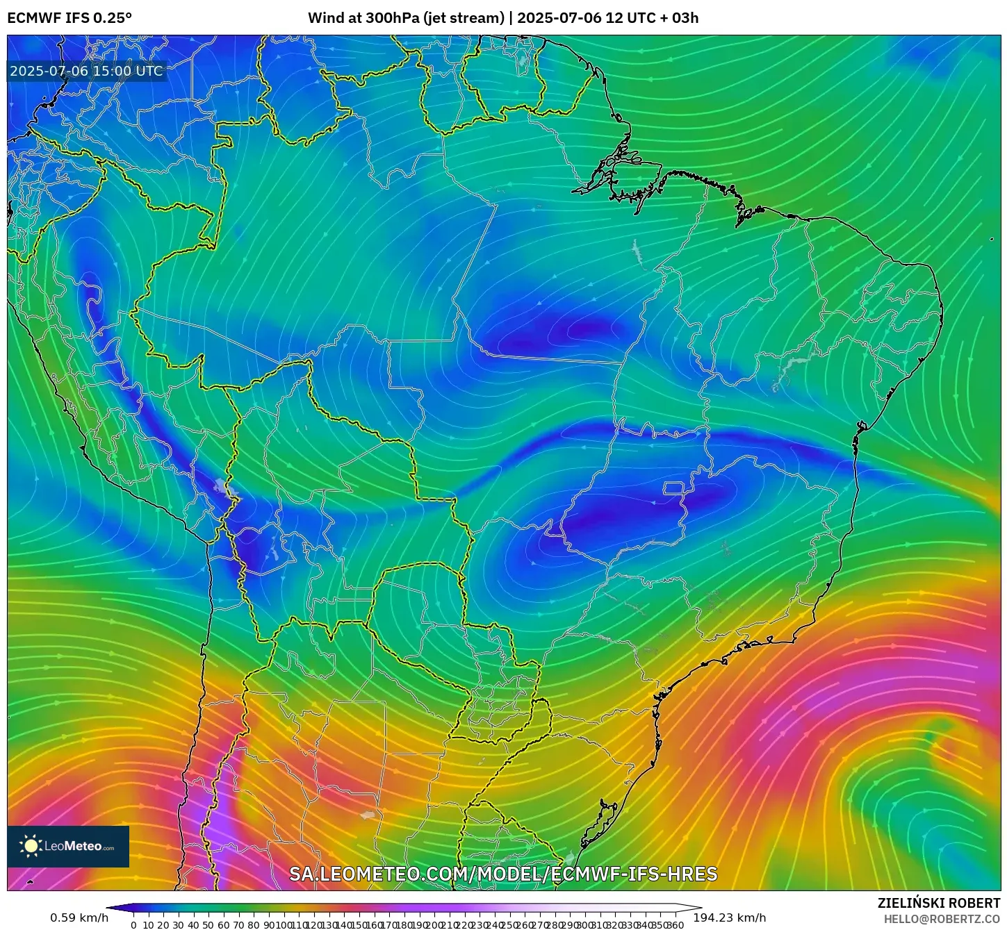 ECMWF IFS 0.25° model - Brazil, Wind at 300hPa (jet stream) ECMWF IFS 0.25° model - Brazil, Wind at 300hPa (jet stream)
