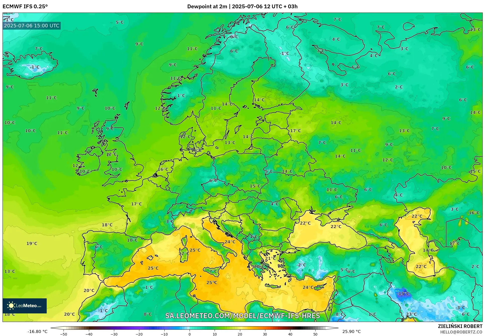 ECMWF IFS 0.25° model - Europe, Dewpoint at 2m ECMWF IFS 0.25° model - Europe, Dewpoint at 2m