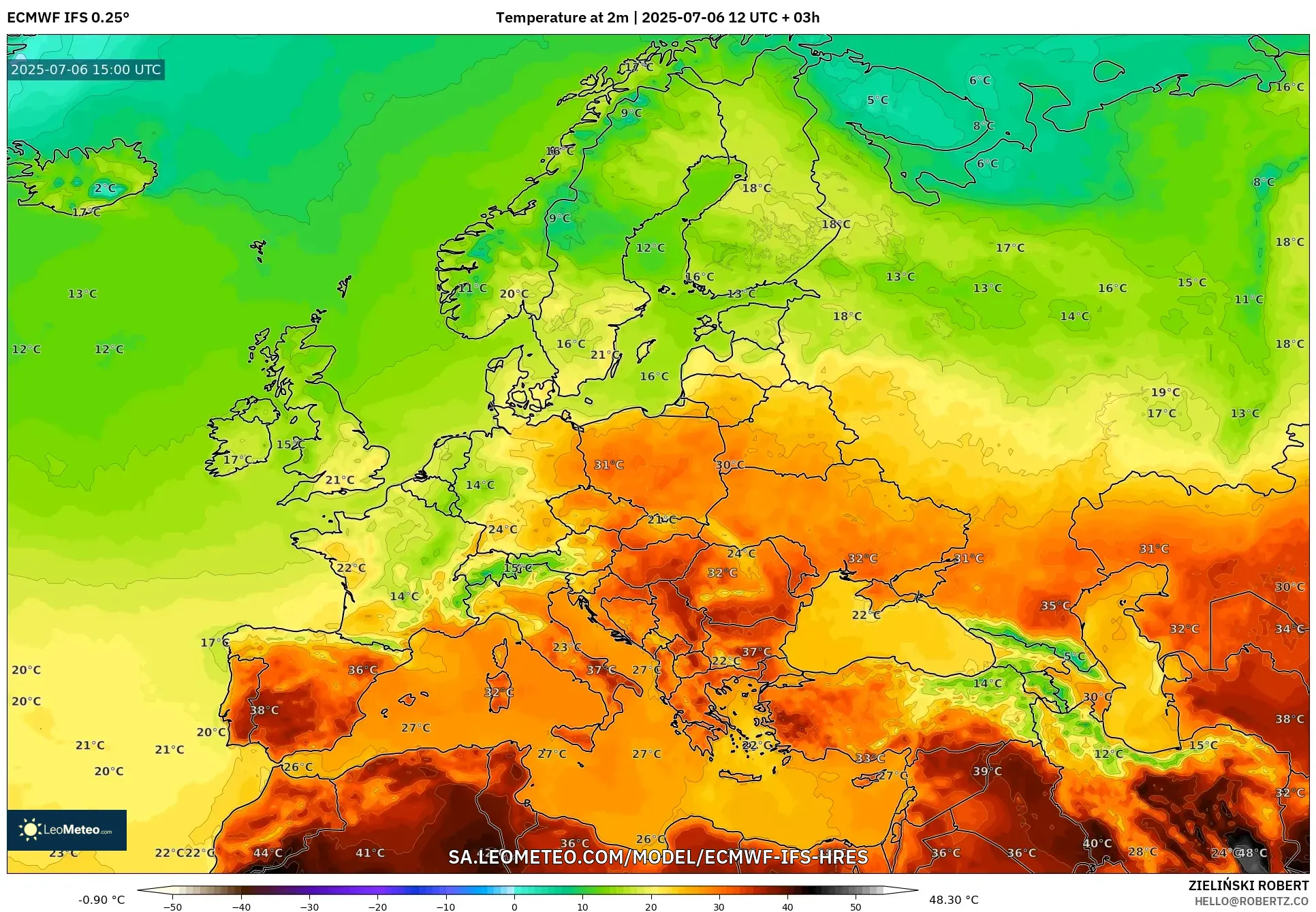 ECMWF IFS 0.25° model - Europe, Temperature at 2m ECMWF IFS 0.25° model - Europe, Temperature at 2m