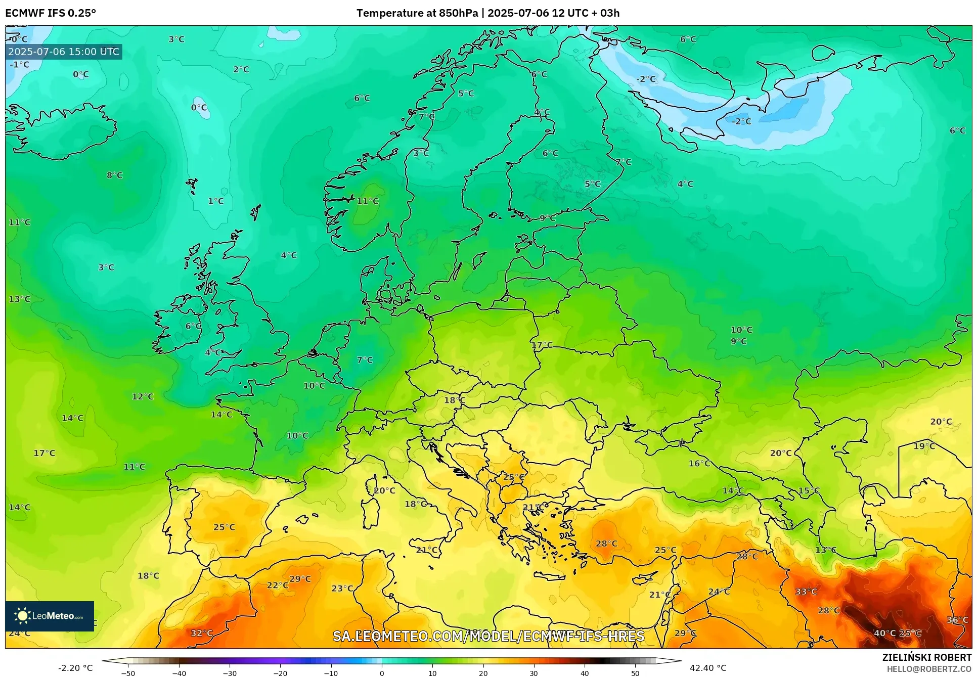 ECMWF IFS 0.25° model - Europe, Temperature at 850hPa ECMWF IFS 0.25° model - Europe, Temperature at 850hPa