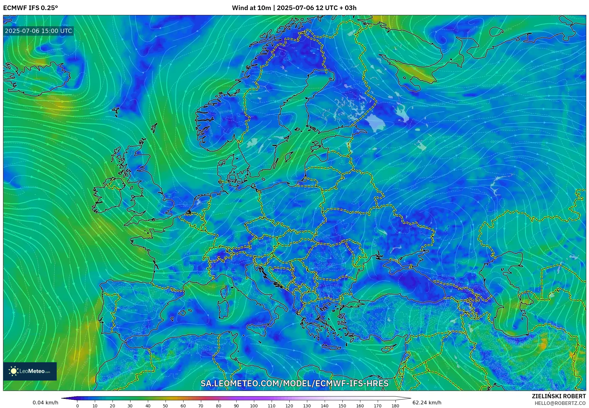 ECMWF IFS 0.25° model - Europe, Wind at 10m ECMWF IFS 0.25° model - Europe, Wind at 10m