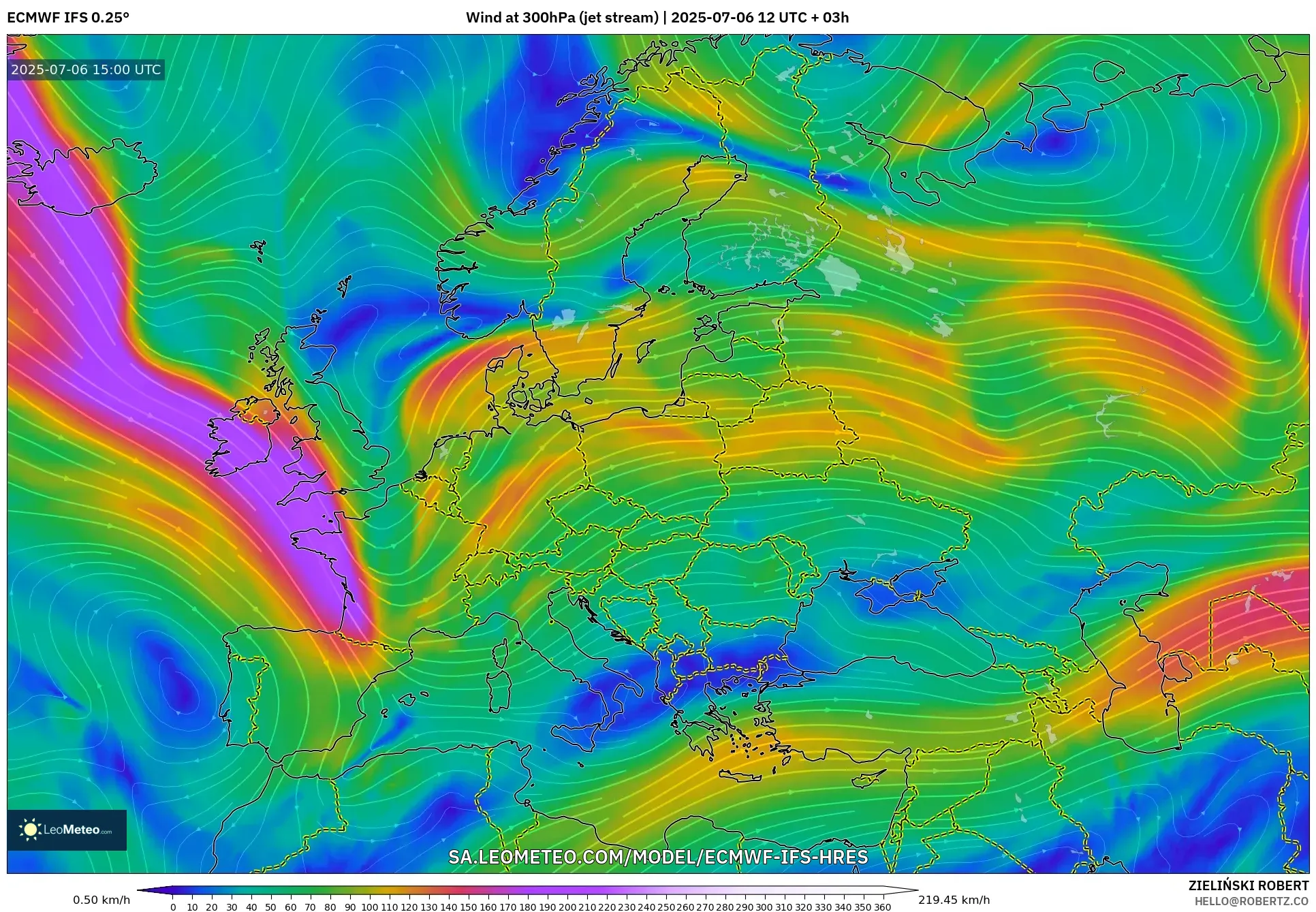 ECMWF IFS 0.25° model - Europe, Wind at 300hPa (jet stream) ECMWF IFS 0.25° model - Europe, Wind at 300hPa (jet stream)
