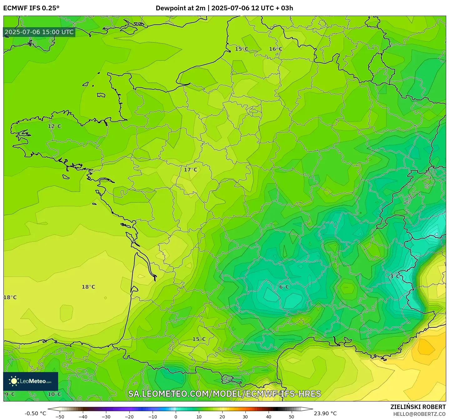 ECMWF IFS 0.25° model - France, Dewpoint at 2m ECMWF IFS 0.25° model - France, Dewpoint at 2m