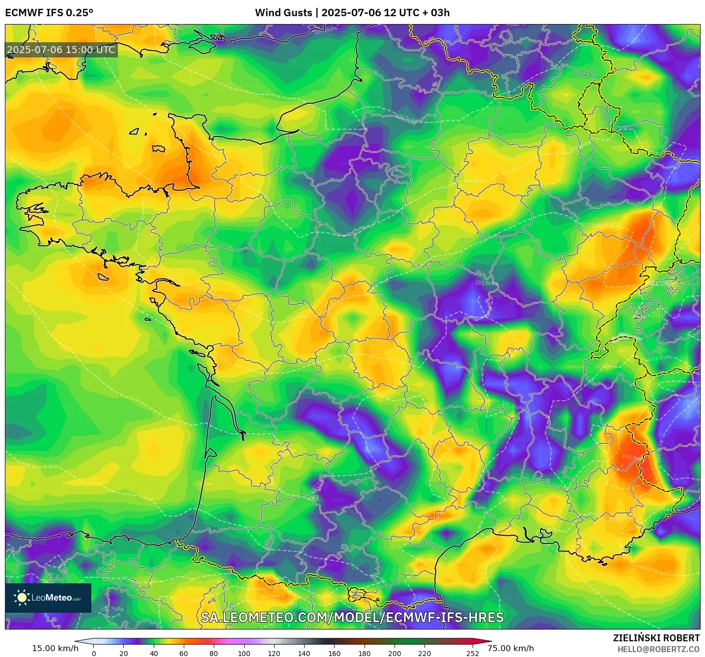 ECMWF IFS 0.25° model - France, Wind Gusts ECMWF IFS 0.25° model - France, Wind Gusts