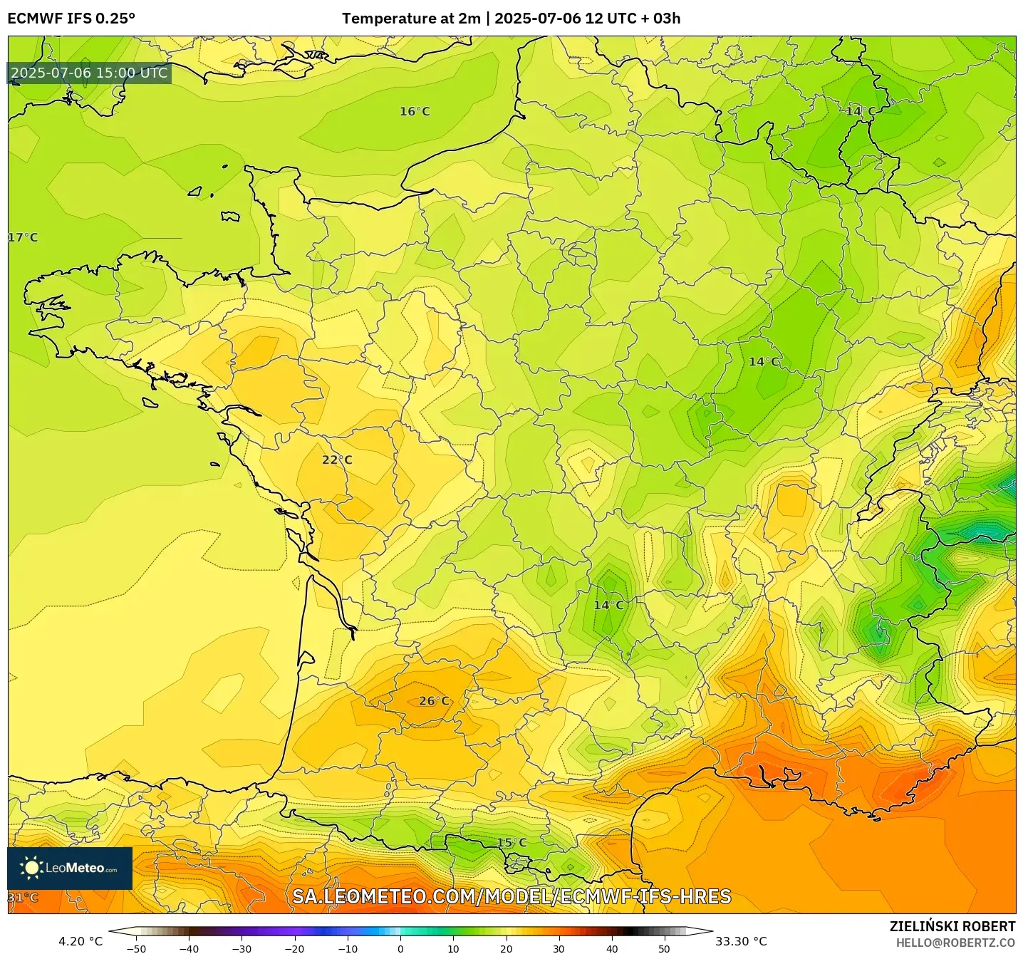 ECMWF IFS 0.25° model - France, Temperature at 2m ECMWF IFS 0.25° model - France, Temperature at 2m