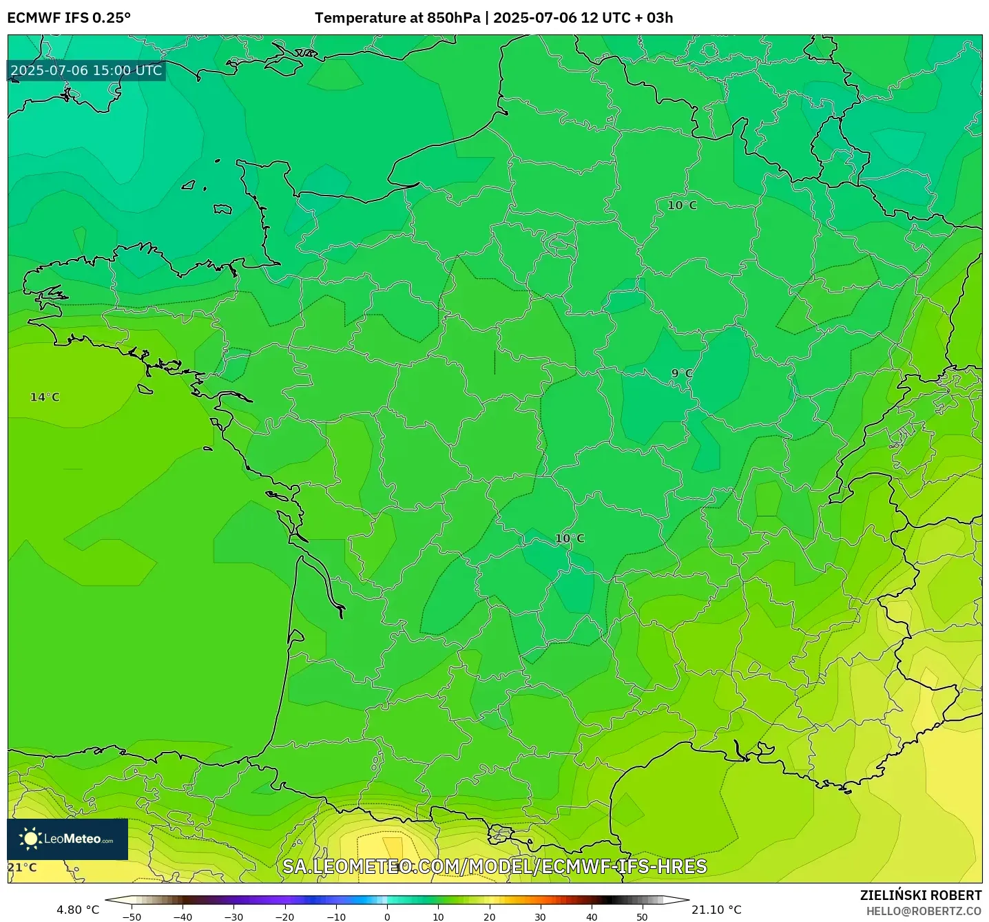 ECMWF IFS 0.25° model - France, Temperature at 850hPa ECMWF IFS 0.25° model - France, Temperature at 850hPa