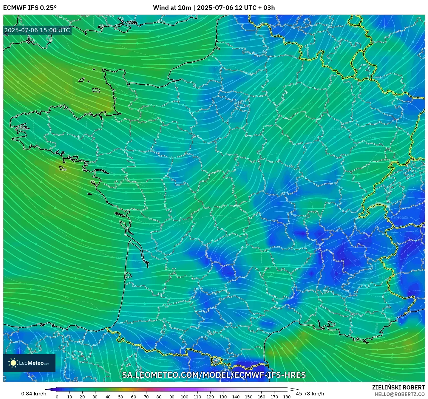 ECMWF IFS 0.25° model - France, Wind at 10m ECMWF IFS 0.25° model - France, Wind at 10m