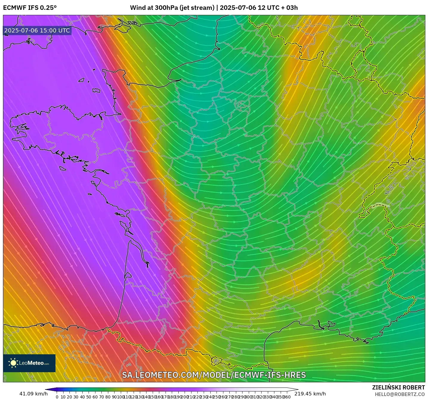 ECMWF IFS 0.25° model - France, Wind at 300hPa (jet stream) ECMWF IFS 0.25° model - France, Wind at 300hPa (jet stream)