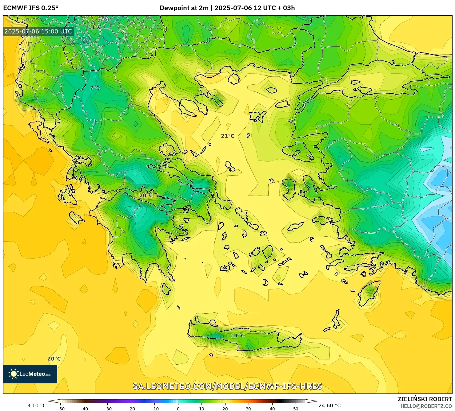 ECMWF IFS 0.25° model - Greece, Dewpoint at 2m ECMWF IFS 0.25° model - Greece, Dewpoint at 2m