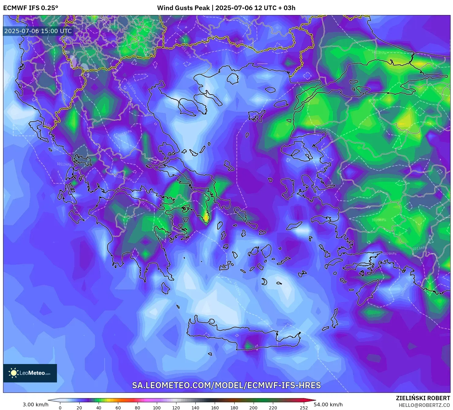 ECMWF IFS 0.25° model - Greece, Wind Gusts Peak ECMWF IFS 0.25° model - Greece, Wind Gusts Peak