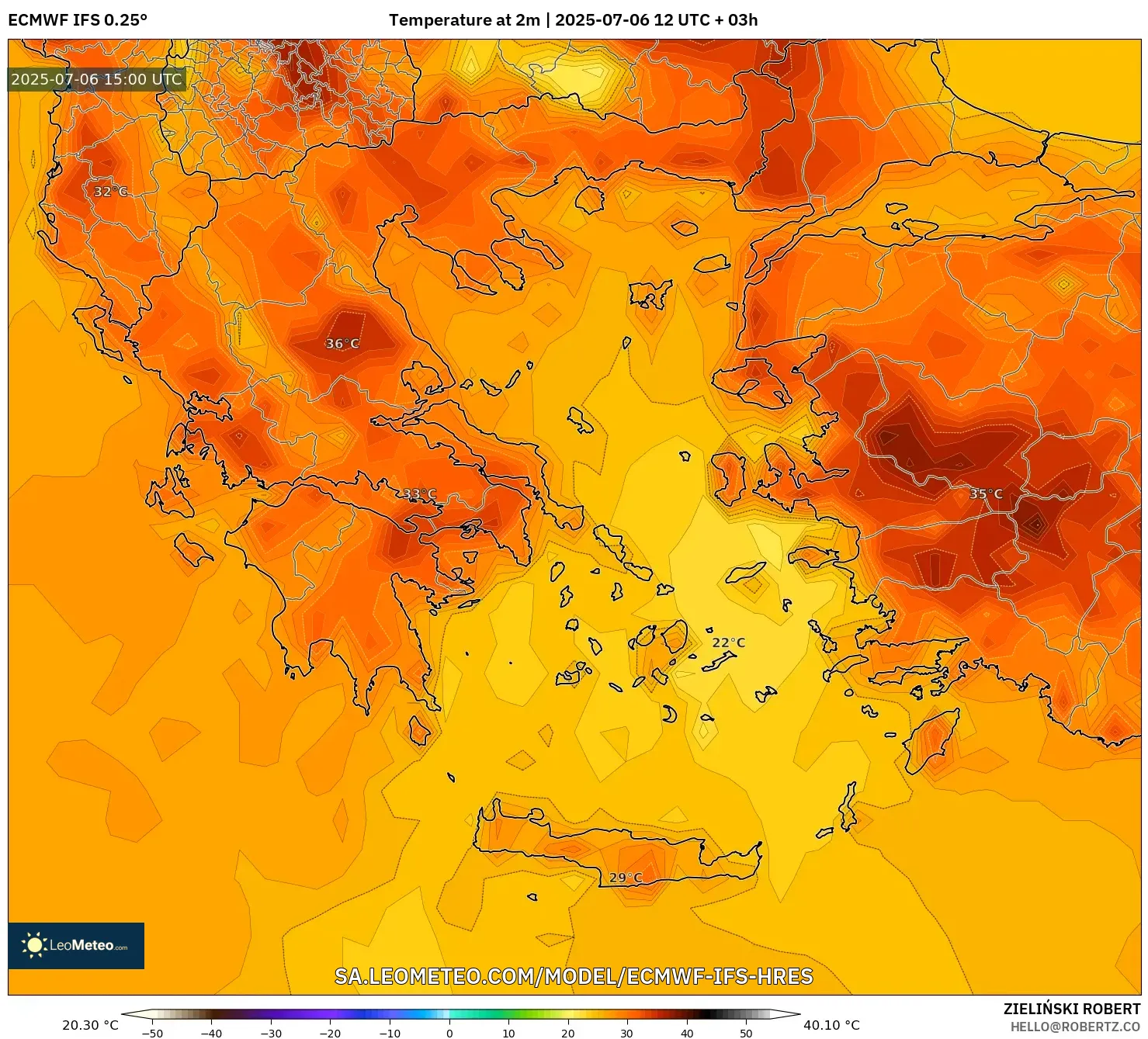 ECMWF IFS 0.25° model - Greece, Temperature at 2m ECMWF IFS 0.25° model - Greece, Temperature at 2m