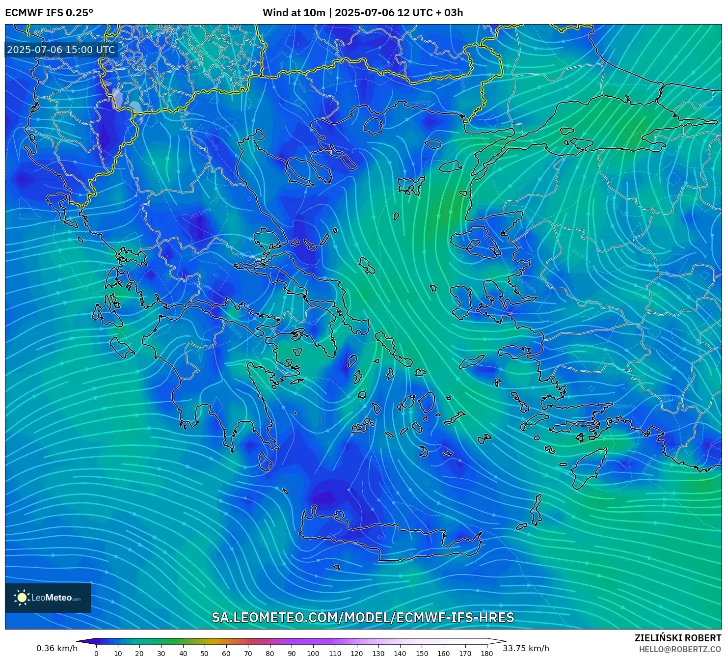 ECMWF IFS 0.25° model - Greece, Wind at 10m ECMWF IFS 0.25° model - Greece, Wind at 10m