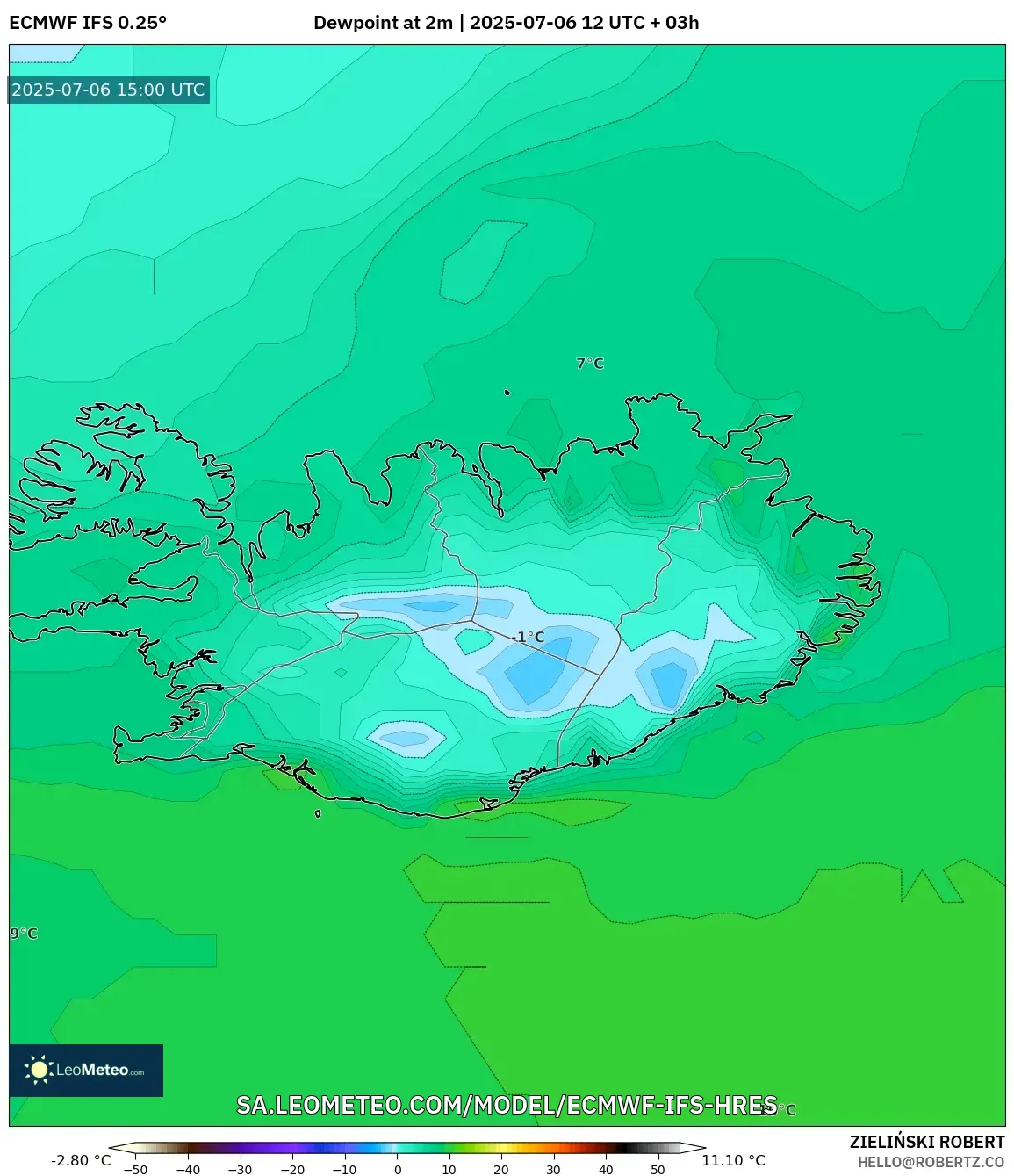 ECMWF IFS 0.25° model - Iceland, Dewpoint at 2m ECMWF IFS 0.25° model - Iceland, Dewpoint at 2m
