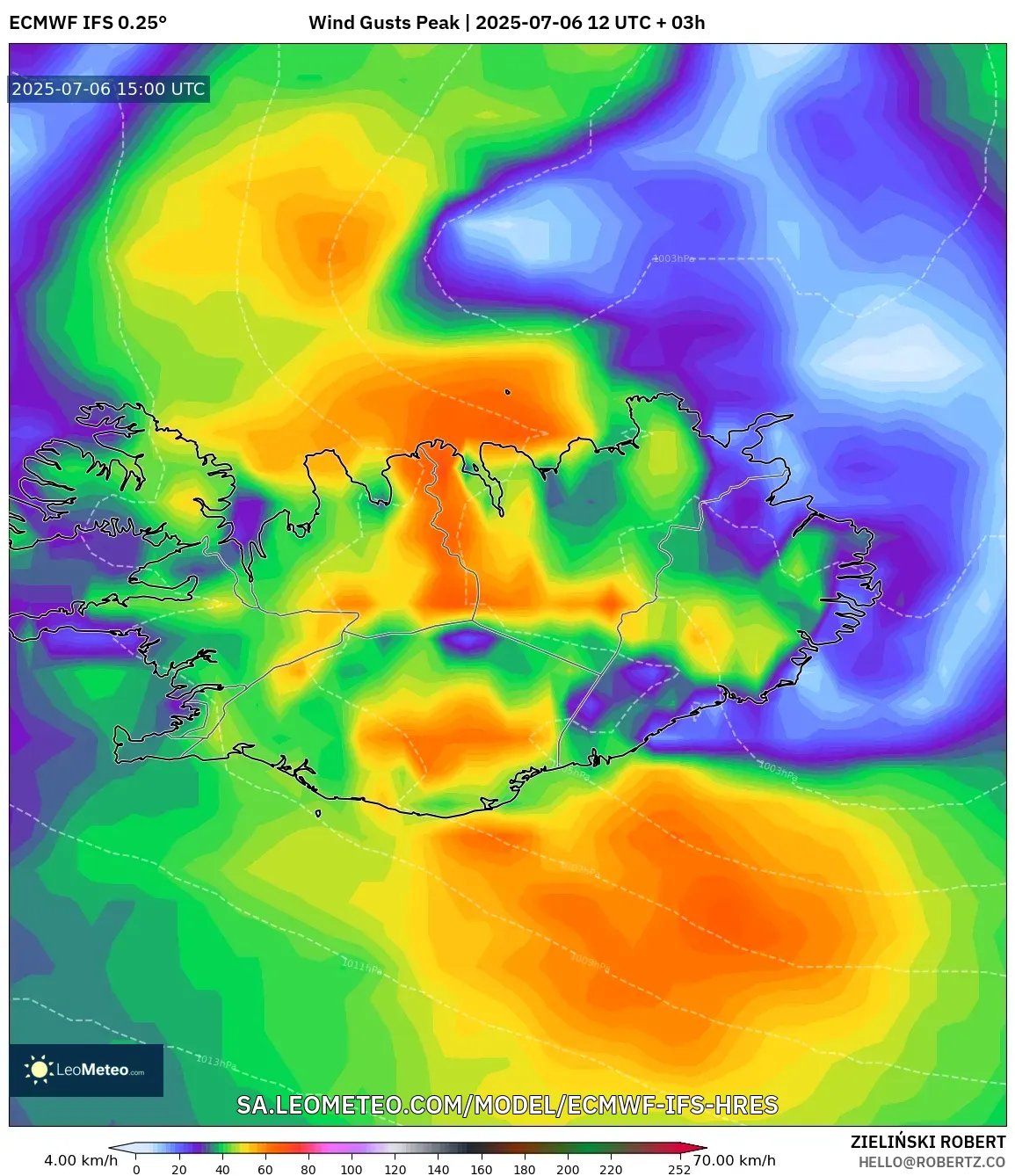 ECMWF IFS 0.25° model - Iceland, Wind Gusts Peak ECMWF IFS 0.25° model - Iceland, Wind Gusts Peak