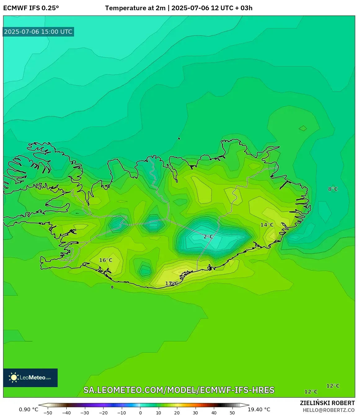 ECMWF IFS 0.25° model - Iceland, Temperature at 2m ECMWF IFS 0.25° model - Iceland, Temperature at 2m