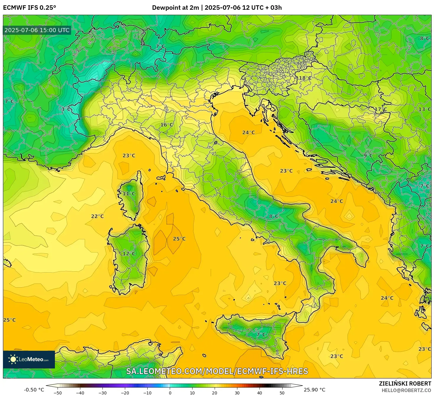 ECMWF IFS 0.25° model - Italy, Dewpoint at 2m ECMWF IFS 0.25° model - Italy, Dewpoint at 2m