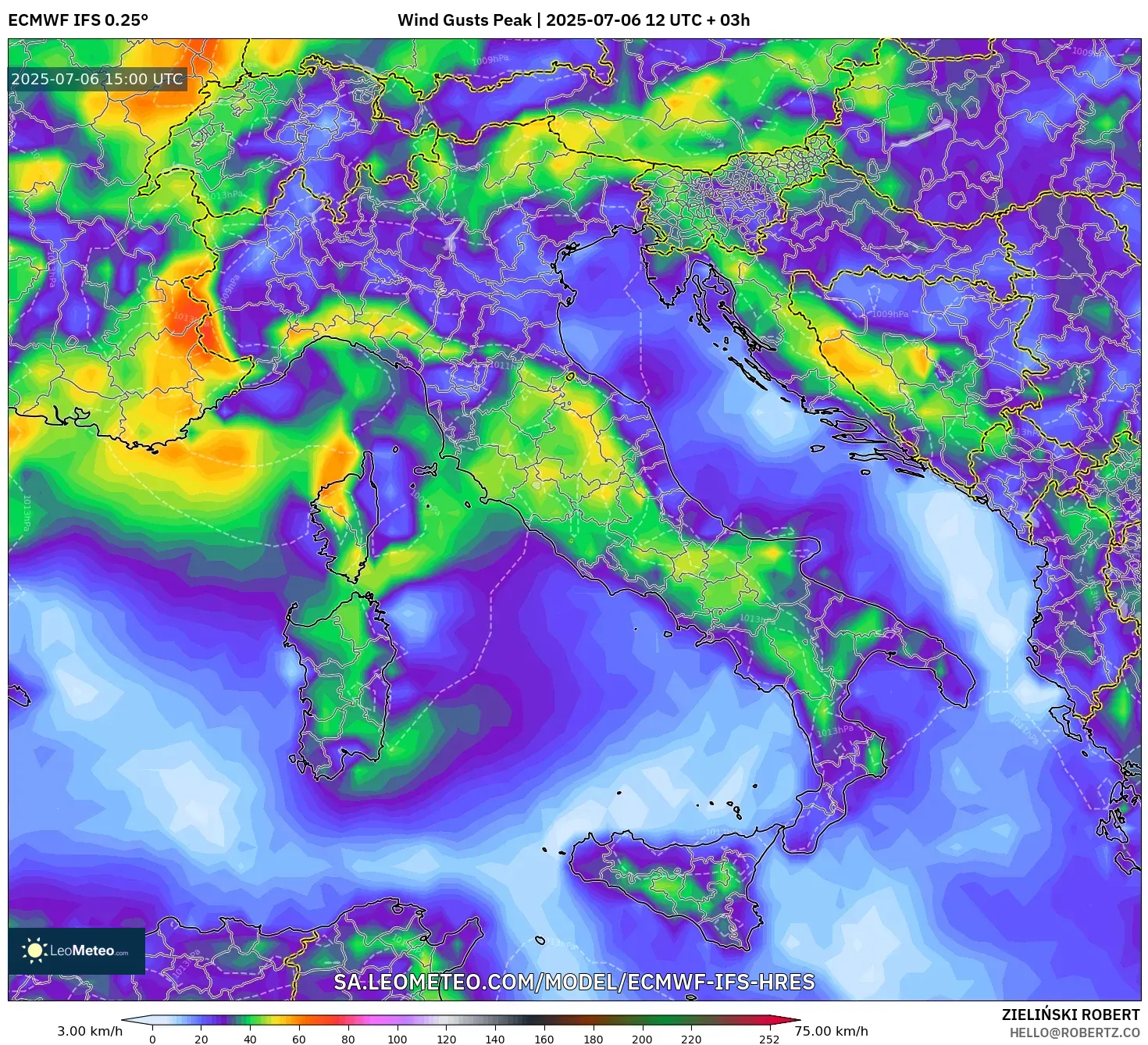 ECMWF IFS 0.25° model - Italy, Wind Gusts Peak ECMWF IFS 0.25° model - Italy, Wind Gusts Peak