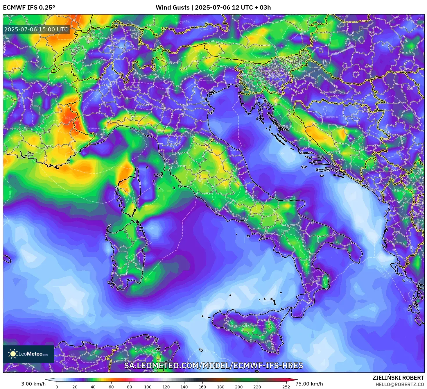 ECMWF IFS 0.25° model - Italy, Wind Gusts ECMWF IFS 0.25° model - Italy, Wind Gusts