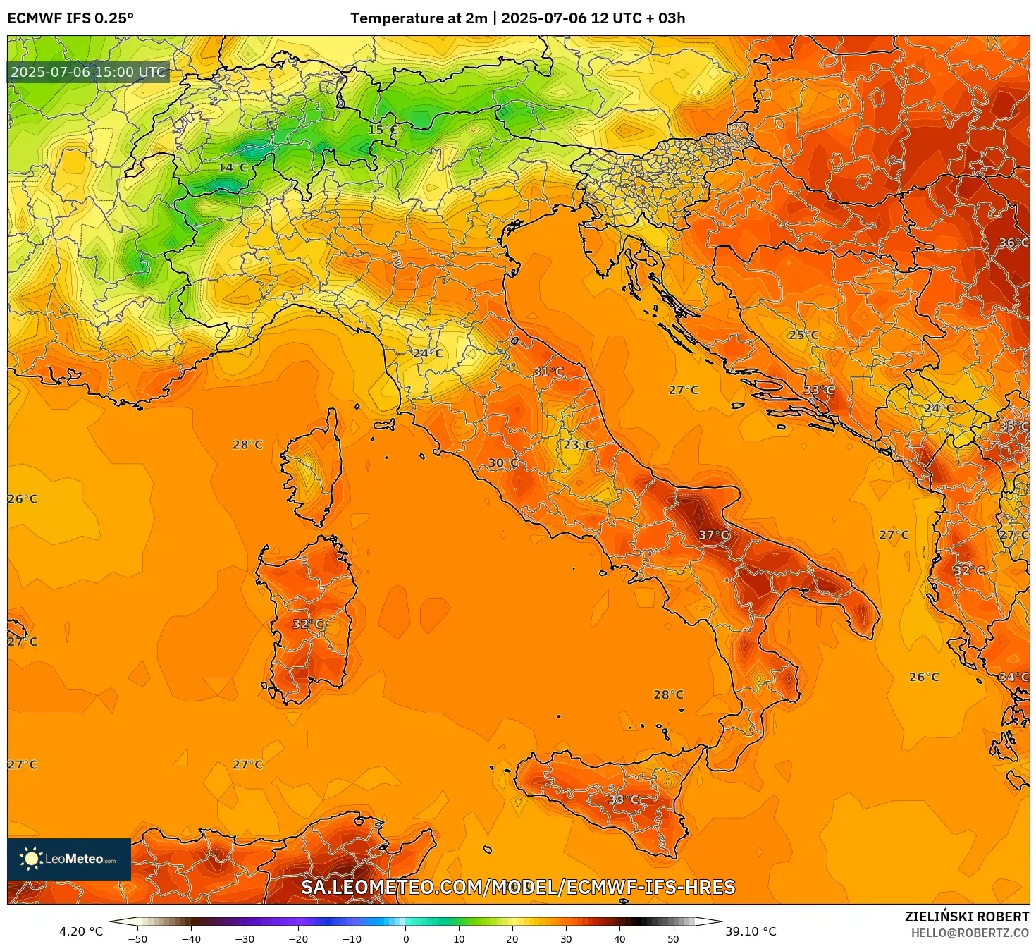 ECMWF IFS 0.25° model - Italy, Temperature at 2m ECMWF IFS 0.25° model - Italy, Temperature at 2m