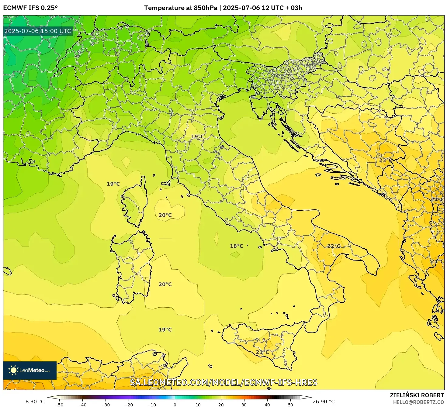 ECMWF IFS 0.25° model - Italy, Temperature at 850hPa ECMWF IFS 0.25° model - Italy, Temperature at 850hPa
