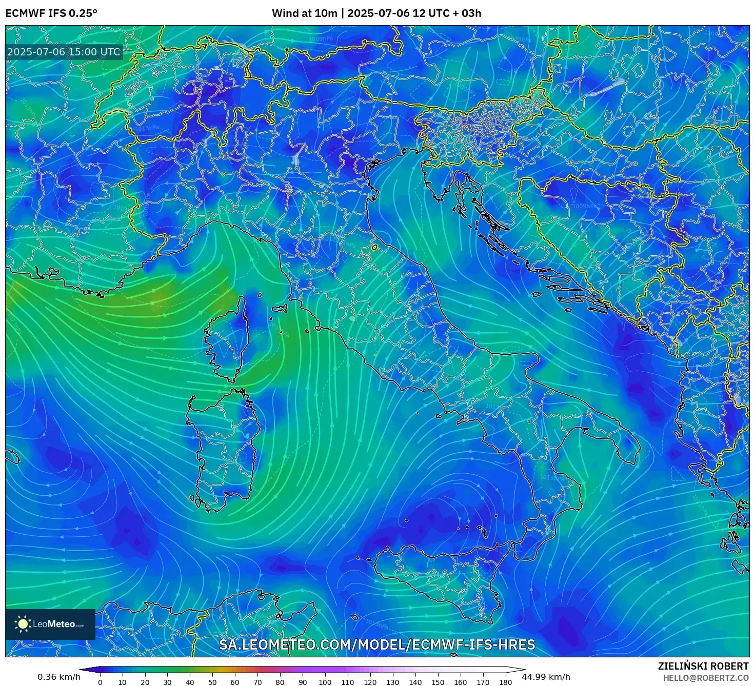 ECMWF IFS 0.25° model - Italy, Wind at 10m ECMWF IFS 0.25° model - Italy, Wind at 10m