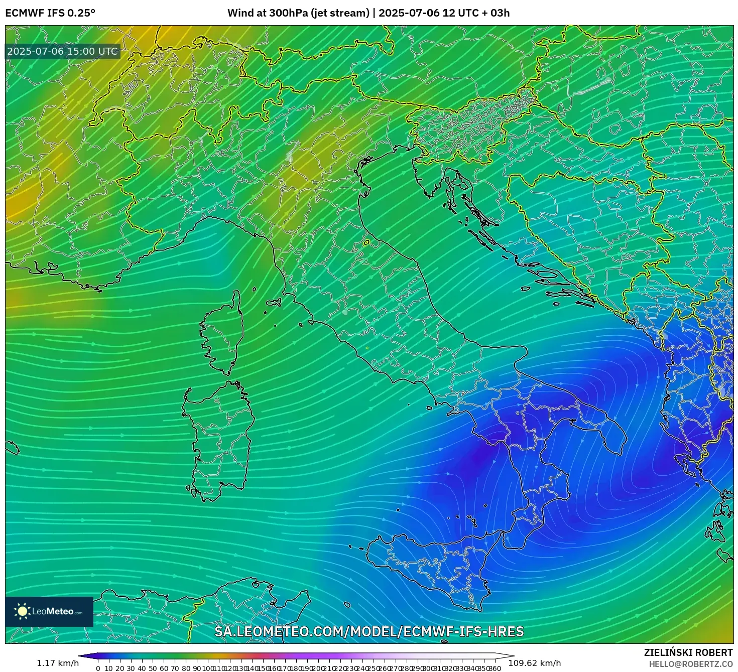 ECMWF IFS 0.25° model - Italy, Wind at 300hPa (jet stream) ECMWF IFS 0.25° model - Italy, Wind at 300hPa (jet stream)