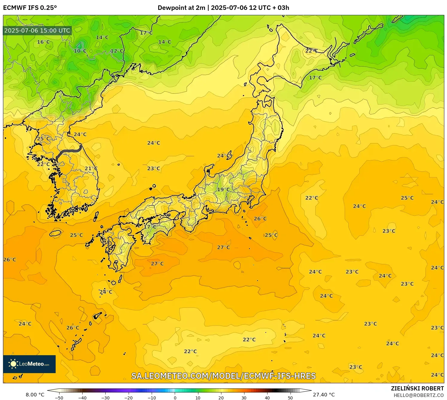 ECMWF IFS 0.25° model - Japan, Dewpoint at 2m ECMWF IFS 0.25° model - Japan, Dewpoint at 2m