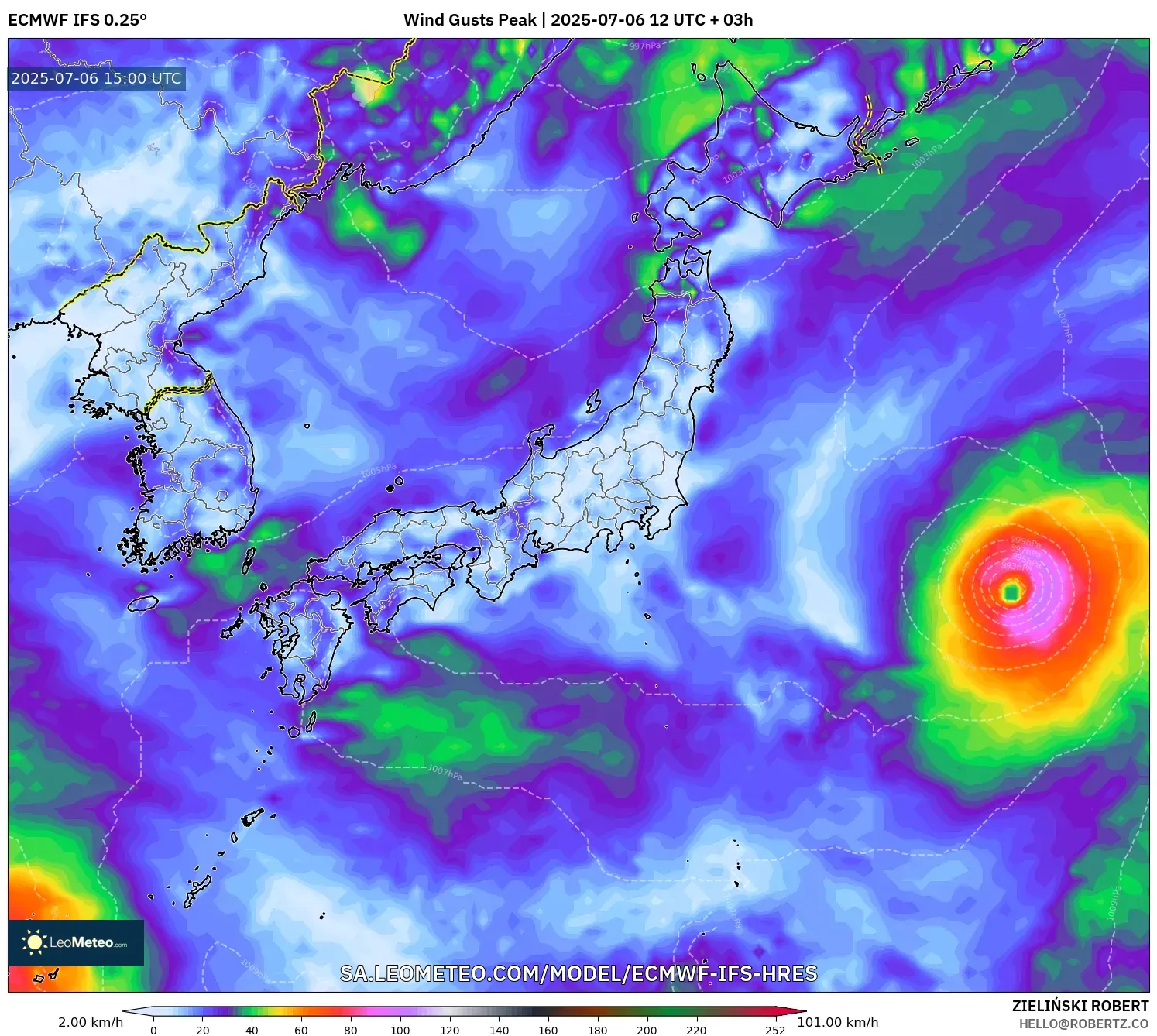 ECMWF IFS 0.25° model - Japan, Wind Gusts Peak ECMWF IFS 0.25° model - Japan, Wind Gusts Peak