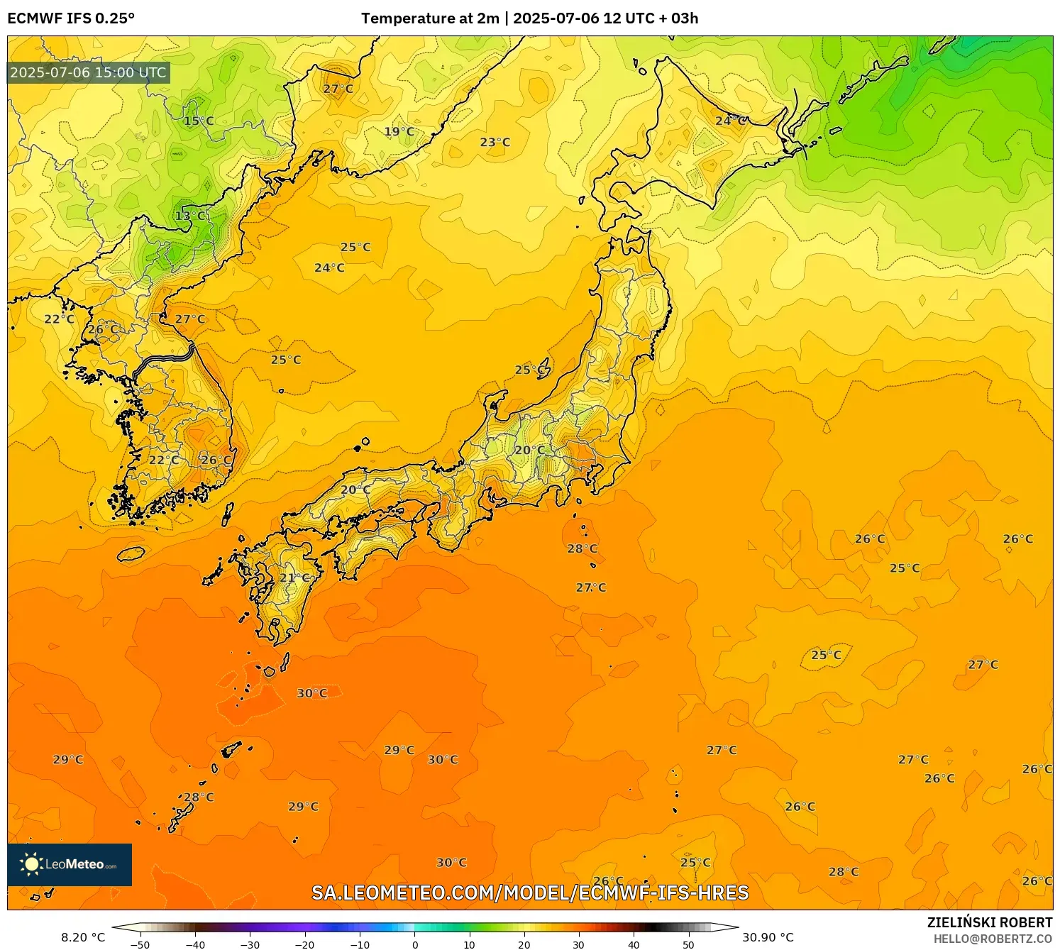 ECMWF IFS 0.25° model - Japan, Temperature at 2m ECMWF IFS 0.25° model - Japan, Temperature at 2m