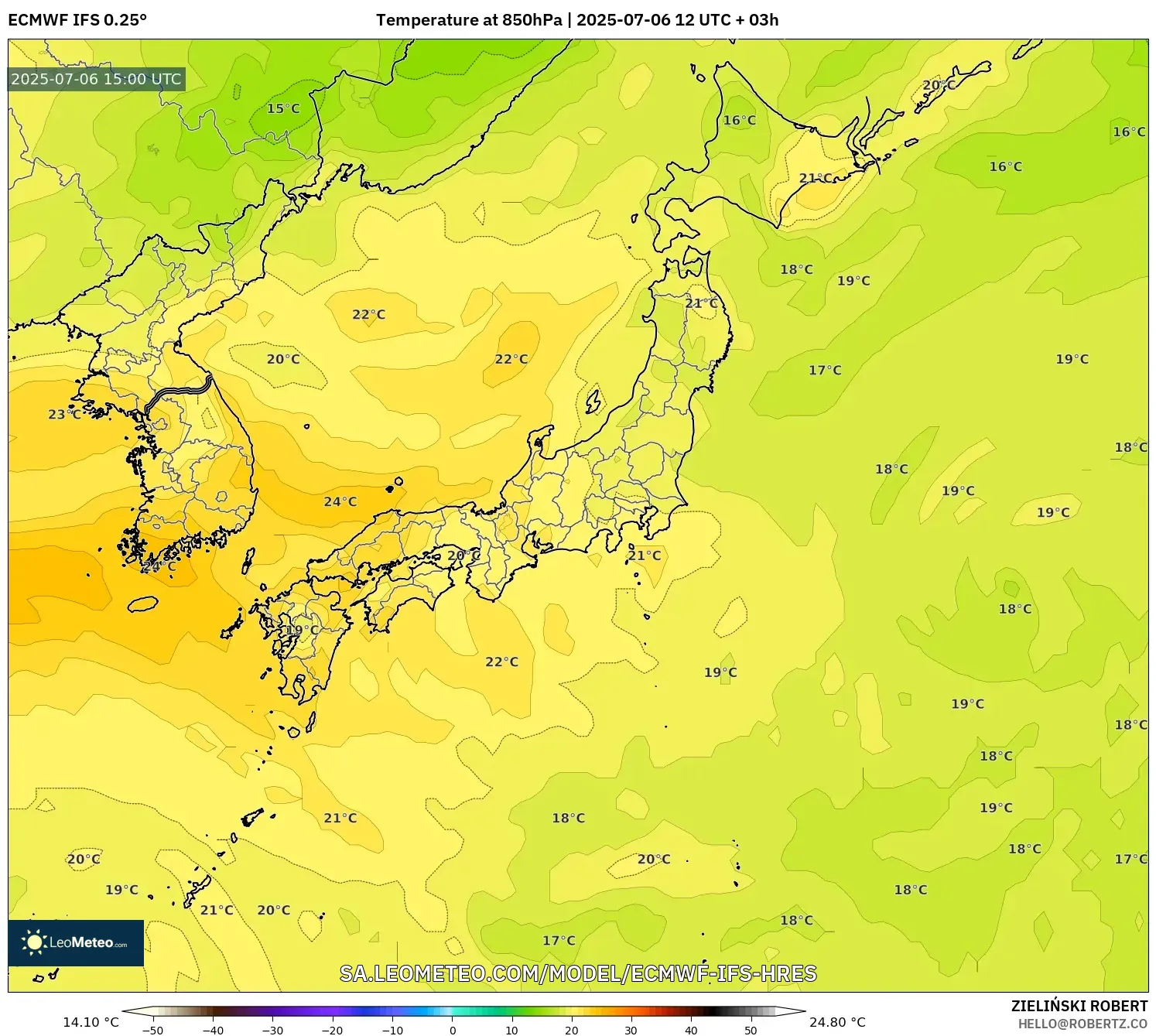 ECMWF IFS 0.25° model - Japan, Temperature at 850hPa ECMWF IFS 0.25° model - Japan, Temperature at 850hPa