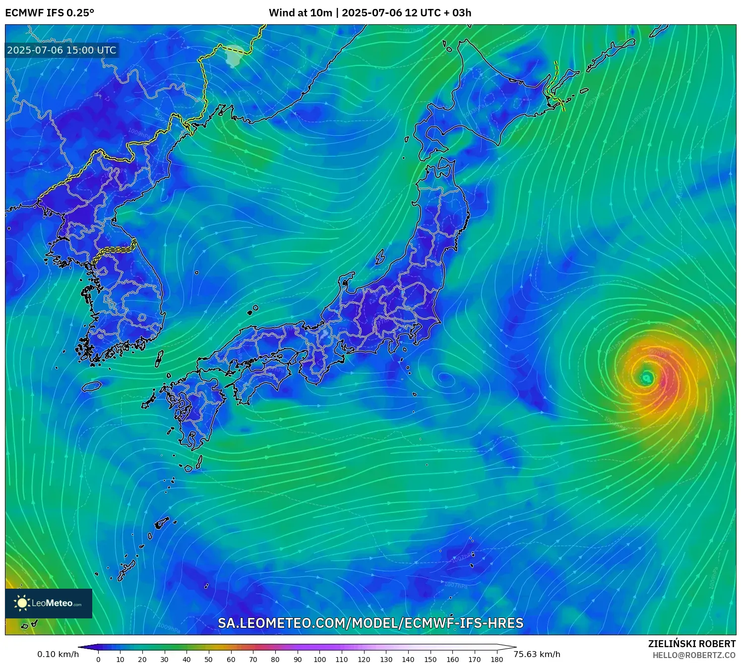 ECMWF IFS 0.25° model - Japan, Wind at 10m ECMWF IFS 0.25° model - Japan, Wind at 10m