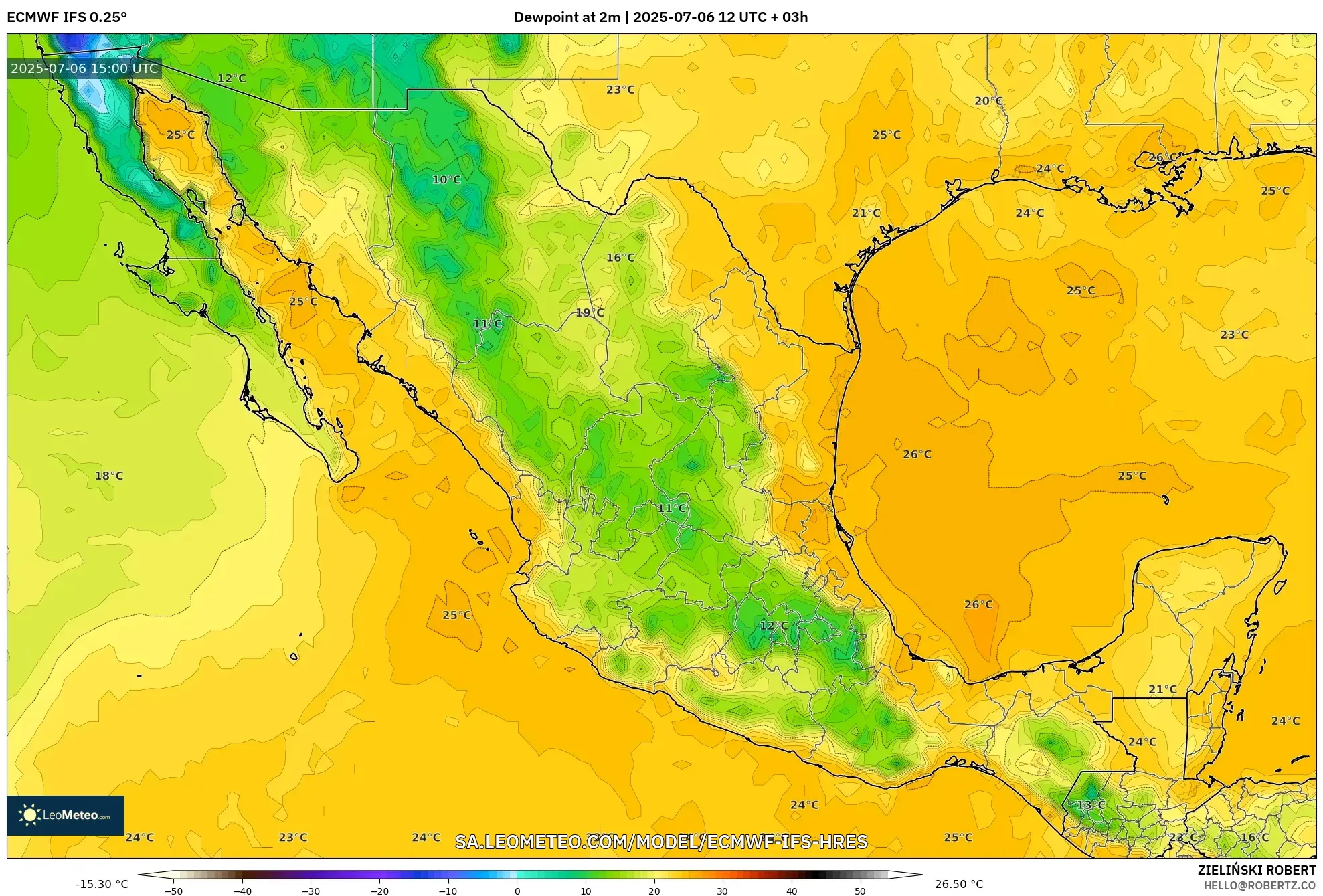 ECMWF IFS 0.25° model - Mexico, Dewpoint at 2m ECMWF IFS 0.25° model - Mexico, Dewpoint at 2m